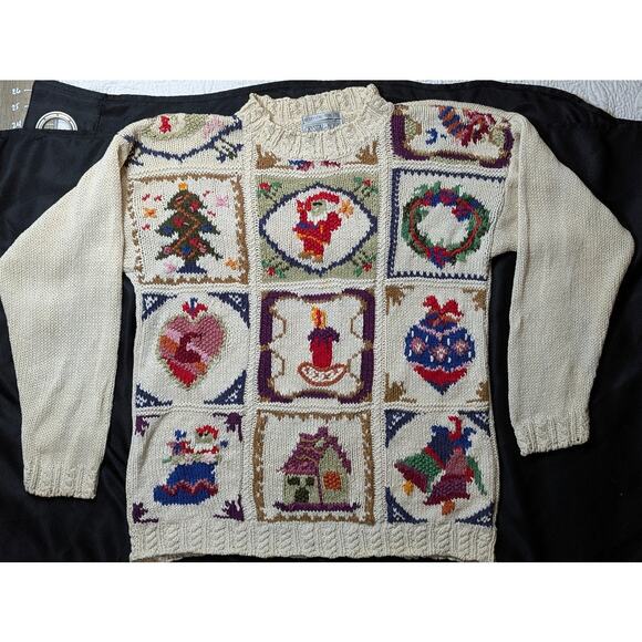 Vtg Heirloom Christmas Patchwork Cableknkit Sweater Cottagecore Gaudy Granny - Picture 1 of 10